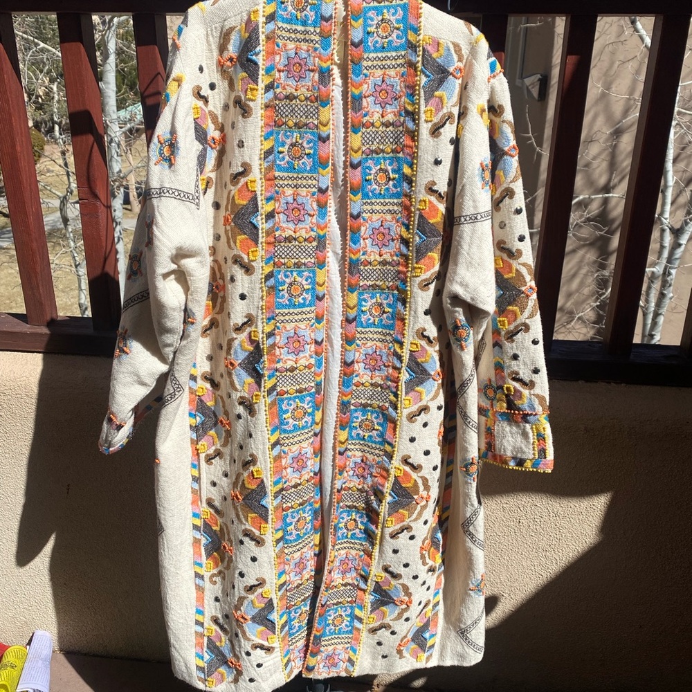 Maeve Blue and Orange Cape with Geometric Patterns